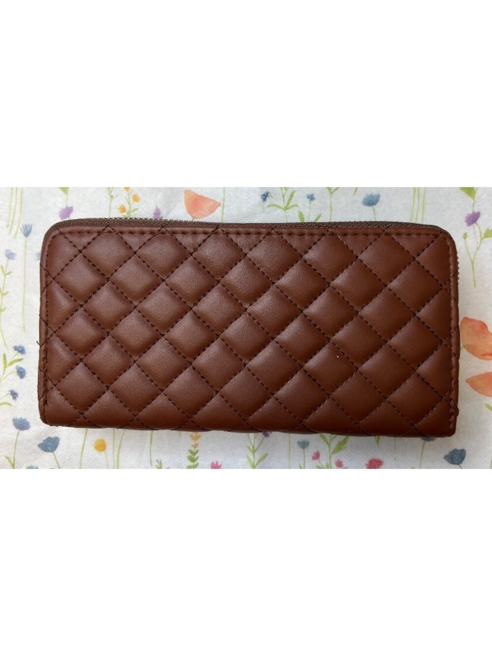 Quilted Brown Faux Leather Zipper Wallet With Wrist Strap & Gold Hardware